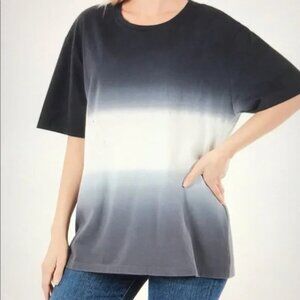 ZENANA Womens Ombre Oversized Dip Dye Short Sleeve Shirt LARGE Casual Grunge NWT